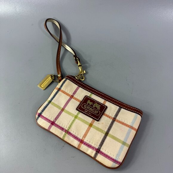 Coach Handbags - Coach Tattersall Wristlet 40990 Plaid Metallic handle Metal tag charm cream